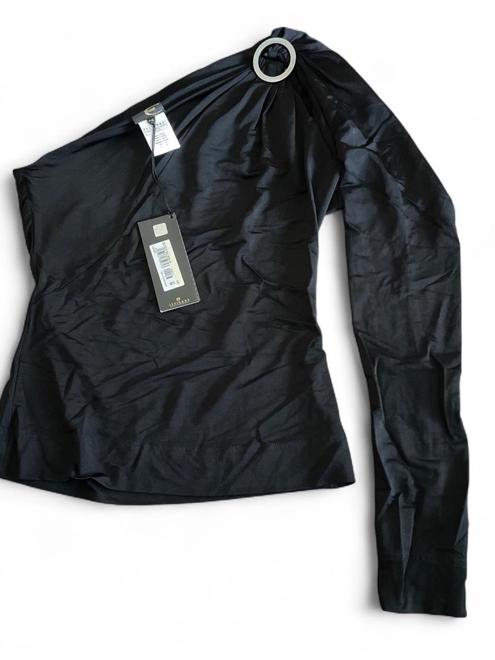 Just Cavalli One-Shoulder Black Long Sleeve Top with Silver Ring NWT